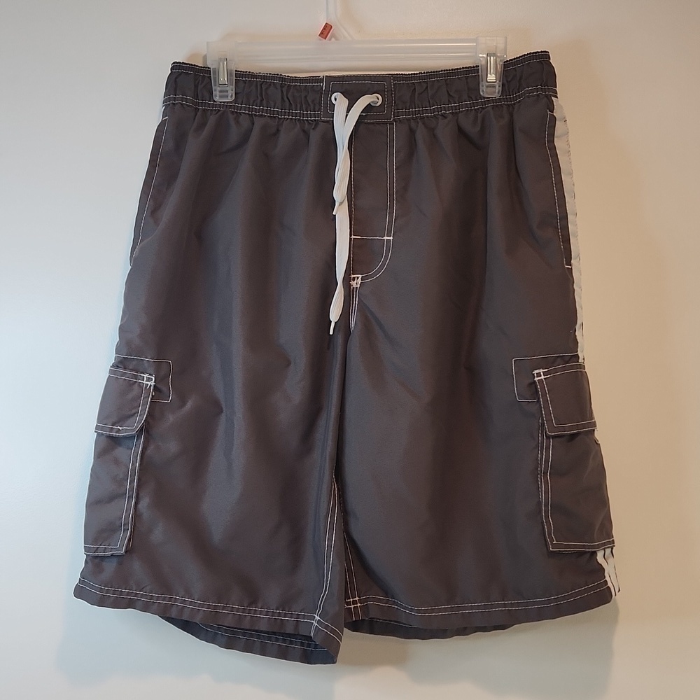 Kanu Surf Board Shorts Gray Swim Beach Cargo Pockets Lined Drawstring Men's L
